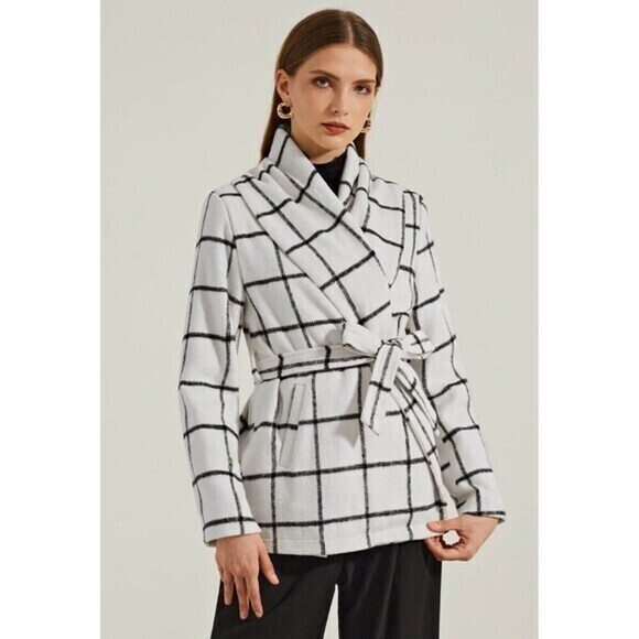 Chicwish Wool Blend Asymmetrical Coat XXS Ivory Grid Print Classic Belted Jacket - Picture 1 of 16